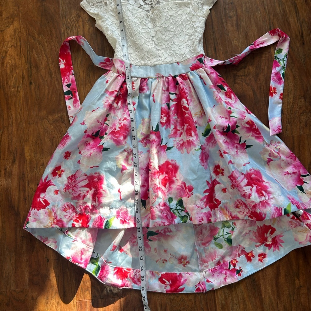 White Lace Top Floral High-Low Dress with Pink Rose Print  Special Occasions - Picture 5 of 8